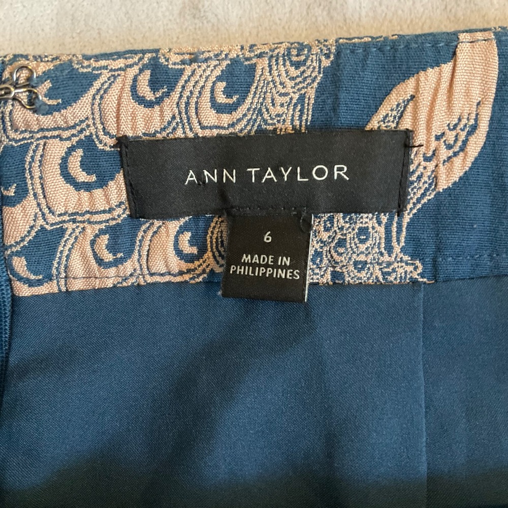 Ann Taylor Pencil Skirt Womens 6 Teal Blue Peacock Print Jacquard Cotton Blend - Picture 2 of 7